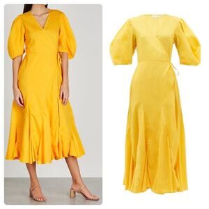 Rhode Fiona Puff Sleeve Cotton Wrap Dress in Golden Yellow